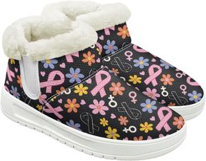 Женские пушистые зимние ботинки для снега для женщин и мужчин, удобные ботильоны на липучке, теплые мягкие ботинки с тянущейся манжетой Cugasmaru, Breast Cancer