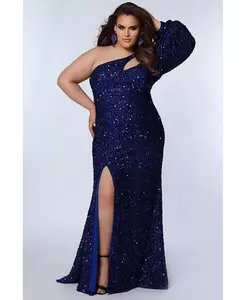 Женское вечернее платье на одно плечо с пышными рукавами и пайетками больших размеров Sydney's Closet, синий