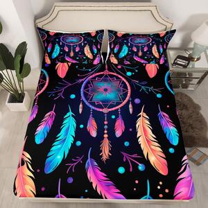 Erosebridal Комплект постельного белья Hippie Dreamcatcher Boho Mandala с радужными перьями и разноцветными горошинами в черном богемном стиле, Color 22