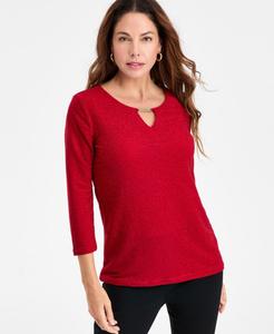 Женская полосатая блестящая жаккардовая блузка с вырезом-капелькой JM Collection, Canyon Red Combo