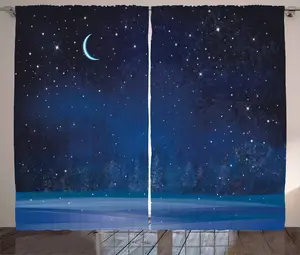 Штора ABAKUHAUS Rustic Night, Снежная зимняя сказка, универсальная ленточная штора для гостиной с петлями и крючками, 280 x 175 см, цвет: индигово-синий Abakuhaus