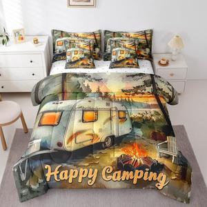 Erosebridal Комплект постельного белья Happy Camping для кемпера, лесной дизайн, для детей и взрослых, Orange Green Yellow