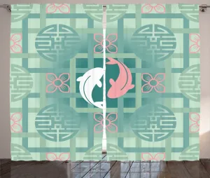 Шторы ABAKUHAUS в японском деревенском стиле, с дельфинами, азиатские, универсальные, с петлями и крючками, для гостиной, 280 x 225 см, цвет: зелено-розовый Abakuhaus