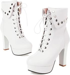 Женские ботильоны Alyaafifa на шнуровке с массивным каблуком, платформой и закрытым носком, из матовой кожи, с заклепками, высокие короткие ботинки, сексуальные винтажные туфли, White - A