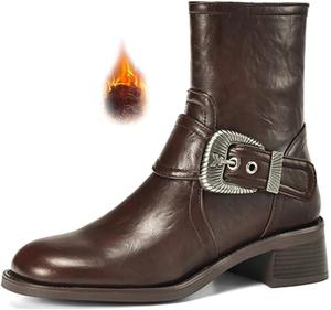 Женские ботинки на низком массивном каблуке из искусственной кожи, военные, с ретро закругленным носком, боковой молнией, ремешком с пряжкой, модные челси EGGDK, Brown Velvet