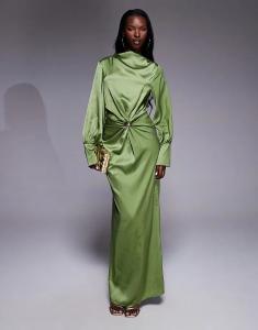 Платье макси из атласа ASOS DESIGN с перекрученным кроем спереди и косой окантовкой, с золотой фурнитурой, оливково-зеленого цвета