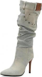 Женские замшевые сапоги-стрелки на шпильке до колена, модные свободные джинсовые ботильоны на высоком каблуке, длинные танцевальные вечериночные сапоги Generic, Light Blue