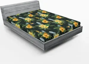 Простыня на резинке ABAKUHAUS Hawaii, тропические цветы, цветущий плюмерия, плюмерия, ботанический букет, ананас, 160 x 200 см, разноцветная Abakuhaus