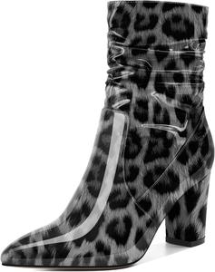 Женские свободные ботильоны Mettesally с высокими массивными каблуками, заостренным носком, боковой молнией, каблук 3,5 дюйма, полусапожки для платья, Patent Leopard White