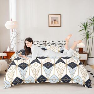 Erosebridal Комплект постельного белья Diamond с геометрическим узором из треугольников и золотых полос в бело-голубой цветовой гамме, мягкий и дышащий, Multi 12