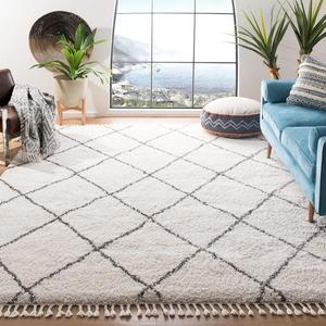 Ковер SAFAVIEH, 161 x 229 см, Moroccan Fringe Shag Collection, Ivory & Grey, дизайн в стиле бохо-племенной, не линяет и прост в уходе, идеален для помещений с высокой проходимостью в гостиной, спальне (MFG332A)