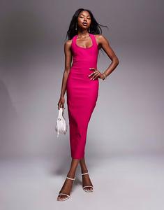 Платье-футляр мидакси Vesper bengaline с круглым вырезом и халтернеем цвета фуксии