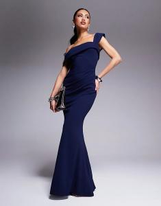 Платье макси Goddiva с открытыми плечами и плиссировкой на талии, темно-синего цвета