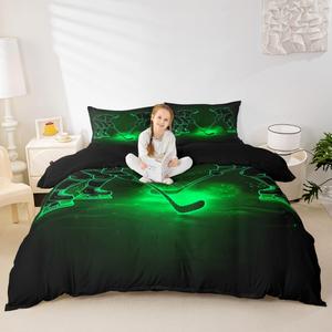 Erosebridal Комплект постельного белья Ice Hockey с принтом хоккейной тематики, зеленый и черный, Multi 5