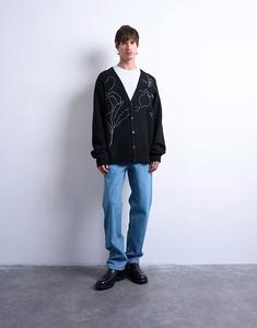 Вязаный кардиган с цветочной вышивкой черного цвета Topman