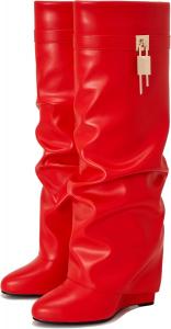 Сапоги с отворотом для женщин, острый носок, на танкетке, до колена, с боковой молнией и декоративным замком CDHYX, Red-Pleats