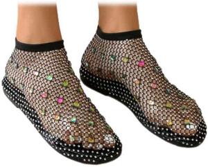 Удобные сетчатые балетки для женщин, босоножки с блестящей сеткой и камнями, низкий каблук, на носку, с камнями, сетчатые плоские сандалии Generic, Black