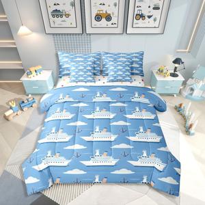 Erosebridal Морской комплект постельного белья Boys Nautical Sailboat с якорями и парусниками в бело-голубой гамме, Blue White