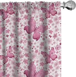 Шторы-бабочки ABAKUHAUS, портьеры, цветочная композиция и милые сердечки на заднем плане, животные в ярких цветах, 2 шт., 75 x 225 см, нежно-розовый, белый Abakuhaus
