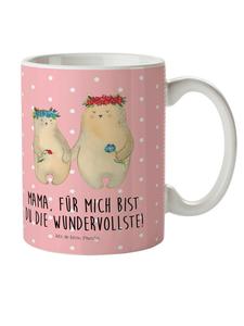 Детская кружка с изображением медведя и цветочного венка с надписью в пастельно-красных тонах Mr. & Mrs. Panda