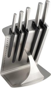 Global UKON 6-предметный набор профессиональных кухонных ножей, сталь CROMOVA 18, 5 ножей и подставка, серебристый