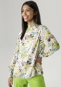 Шифоновая блузка Aniston SELECTED с принтом в виде листьев и присборенными манжетами, черный