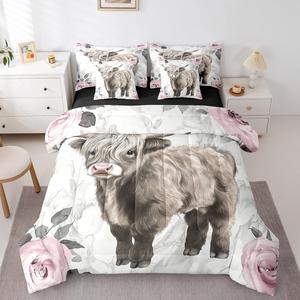 Erosebridal Комплект постельного белья Highland Cow с цветочным принтом из микрофибры, бело-розовый ботанический рисунок, White Pink
