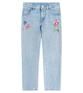 Зауженные джинсы с цветочной вышивкой Versace Kids, Blu Chiaro+Multicolor