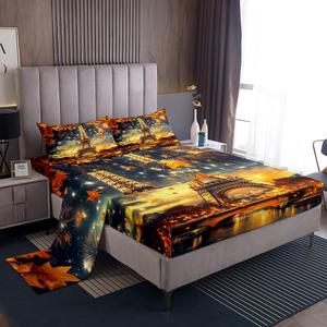 Erosebridal Комплект постельного белья Glitter Paris с романтичным принтом Эйфелевой башни и звездным небом, Golden Orange