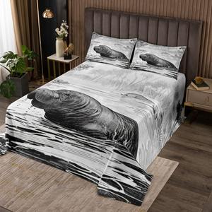 Erosebridal Комплект постельного белья Manatee Quilt Set King с винтажными иллюстрациями морских коров в серых тонах, Multi 17