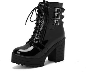 Женские ботильоны с пряжкой на щиколотке, модные, из лакированной кожи, с массивным каблуком, подошвой с протектором, ботинки в стиле милитари, на шнуровке, с платформой JMdfcqer, Black
