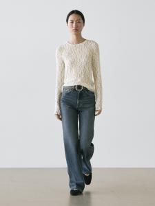Ажурный вязаный топ с длинными рукавами и кружевом Massimo Dutti, cream