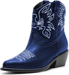 Женские ботильоны Maiyang с pointed-toe, вышивкой и высокой голенью, на массивном низком каблуке, ретро стиль, удобные короткие ковбойские ботинки, размеры 4-16 US, Navy