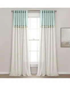 Панель шторы на окно из искусственного льна в стиле бохо с цветными блоками и кисточками Lush Decor, blue