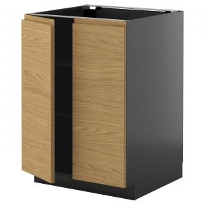 Тумба под шкаф с полками и 2 дверцами, черно-серая/под дуб Voxtorp, 60x60 см. IKEA Metod