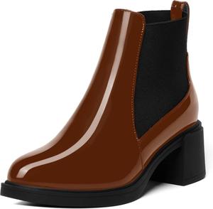Женские офисные ботильоны AMBELIGHT Chelsea с эластичной посадкой, круглым носком, однотонные, массивный средний каблук 2,5 дюйма, Brown Black