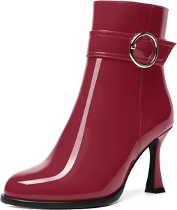 Женские ботильоны WAYDERNS с застежкой-молнией, модной лодыжкой, ремешком, круглым носком и высокими каблуками-стилетами 3,3 дюйма, Burgundy