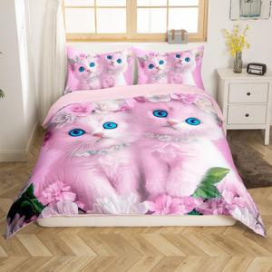Erosebridal Комплект постельного белья Kawaii Cats с мультяшными котятами и цветами в розово-белых тонах, Pink White Green
