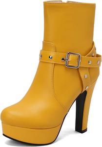 Женские ботильоны на толстом каблуке с круглым носком и молнией Renessmi, Yellow 3