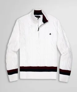 Теннисный свитер из хлопка супима с косами, застежкой-молнией до середины груди и высоким воротником Brooks Brothers, цвет White