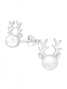 Alexander York Серьги-гвоздики в виде оленей с жемчугом из серебра 925 пробы, комплект из 2 штук