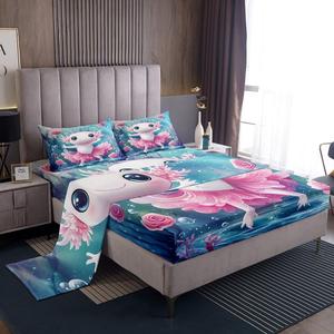 Erosebridal Детский комплект постельного белья Cute Axolotl с принтом саламандры в розовых цветах и морской тематикой, Pink White Blue