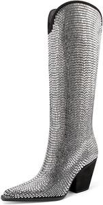 Женские ковбойские сапоги Mi.iM с камнями, до колена, с широким голенищем, ковбойские сапоги в западном стиле с заостренным носком и массивным каблуком, блестящие ковбойские ботильоны, сапоги на подтяжках для женщин, Colorful Black