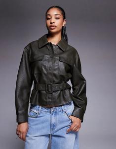 Рубашка из искусственной кожи с поясом River Island цвета хаки