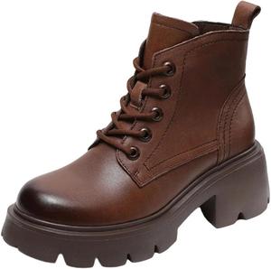 Женские ретро-ботинки DBFBDTU с толстой подошвой, короткие, теплые, массивные, из натуральной кожи, с высоким толстым каблуком, 38(Us-7.5) Brown Without Plush