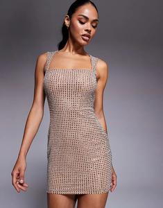 Мини-платье Oh Polly с квадратным вырезом, бежевого цвета, с отделкой стразами