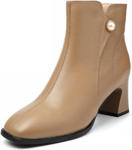 Женские кожаные ботильоны Lossarye с квадратным носком и массивным каблуком, на щиколотке, с боковой молнией, повседневные, осенне-зимние, короткие модные и удобные ботильоны для нарядов, Apricot