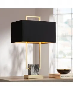 Современная настольная лампа Carl высотой 24 3/10 см, золотистый металлический корпус, серый абажур с имитацией мрамора, черный прямоугольный абажур, подходит для спальни, гостиной, прикроватной тумбочки, офиса 360 Lighting