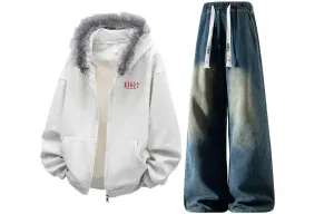 Повседневный худи Unisex Casual Sportswear X1617, белый top fleece-lined+синий pants