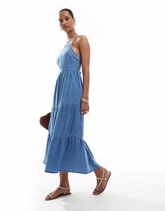 Платье ONLY многоярусное мидакси-ками с открытой спиной из синей ткани шамбре